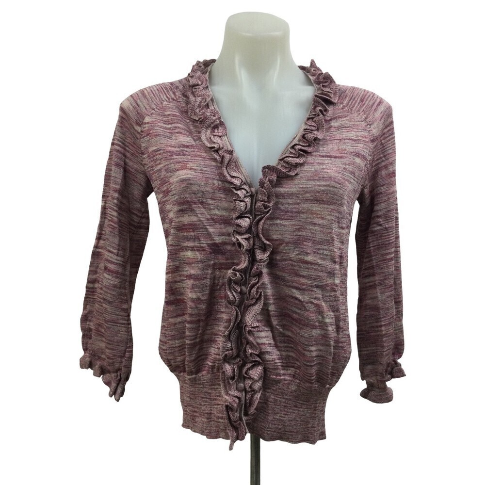 Magaschoni Cardigan Silk Blend V-Neck Ruffle Button Down Sweater Purple Pink Med